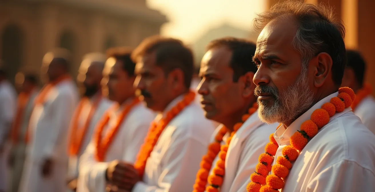 Pénitents en vêtements blancs traditionnels lors d'une cérémonie de marche sur le feu