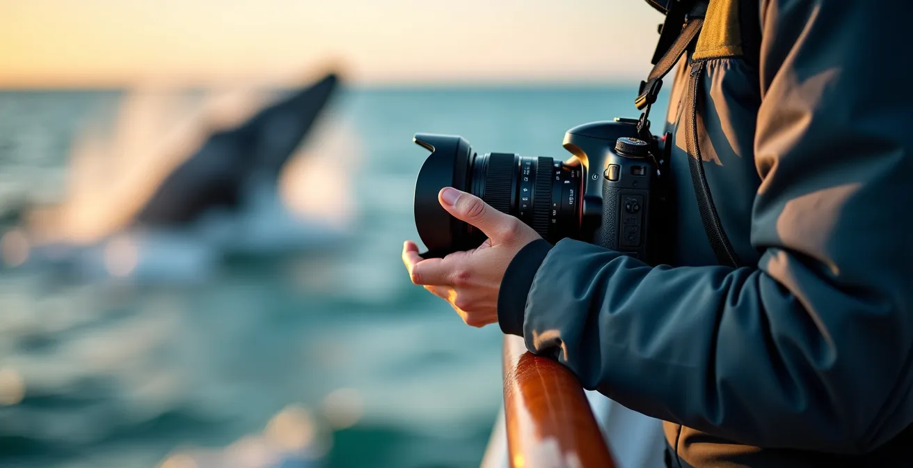 Photographe stabilisant son téléobjectif sur le pont d'un bateau d'observation avec une baleine sautant au loin