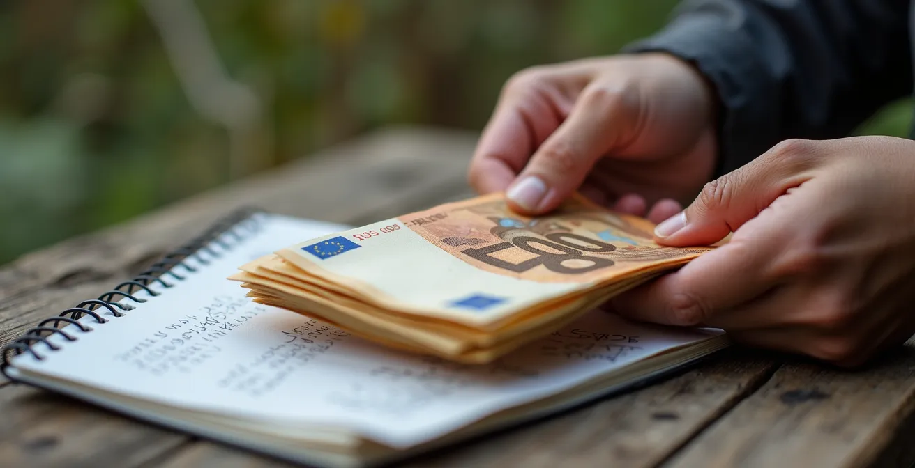 Mains comptant des billets d'euros avec carnet de comptes partagés pour un groupe