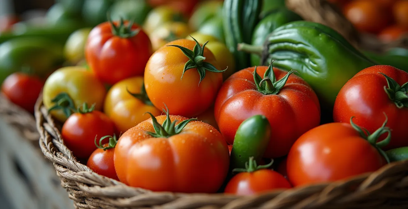 Étal de producteur local avec légumes aux calibres variés et imperfections naturelles