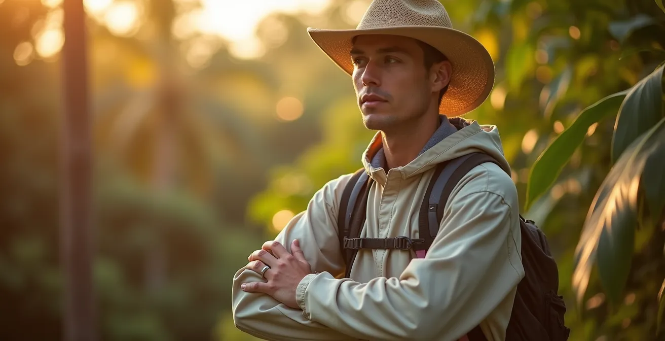 Détail de vêtements de randonnée clairs et amples avec répulsif dans un environnement tropical