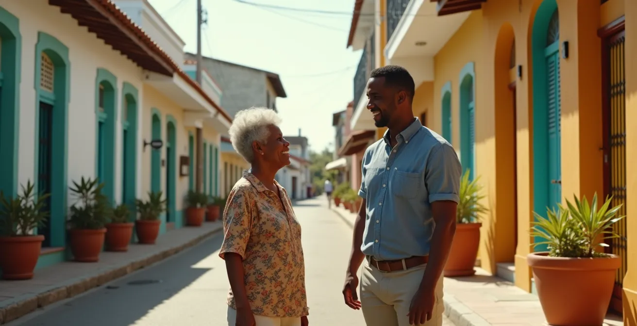 Deux personnes de générations différentes échangeant chaleureusement dans une rue typique de Saint-Denis