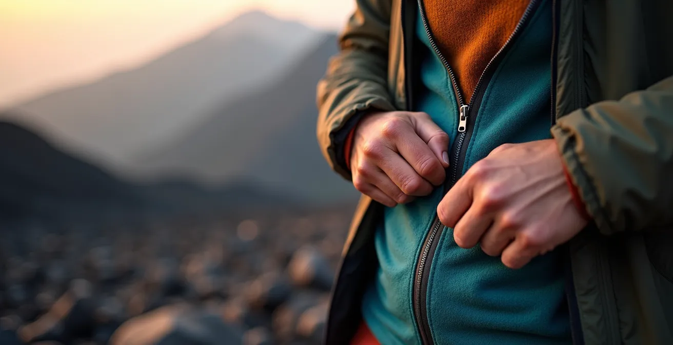 Randonneur ajustant ses couches de vêtements au lever du soleil sur un sentier volcanique