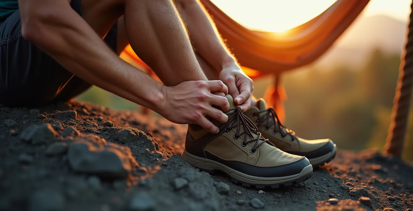 Randonneur pratiquant des étirements au coucher du soleil avec vue sur les montagnes