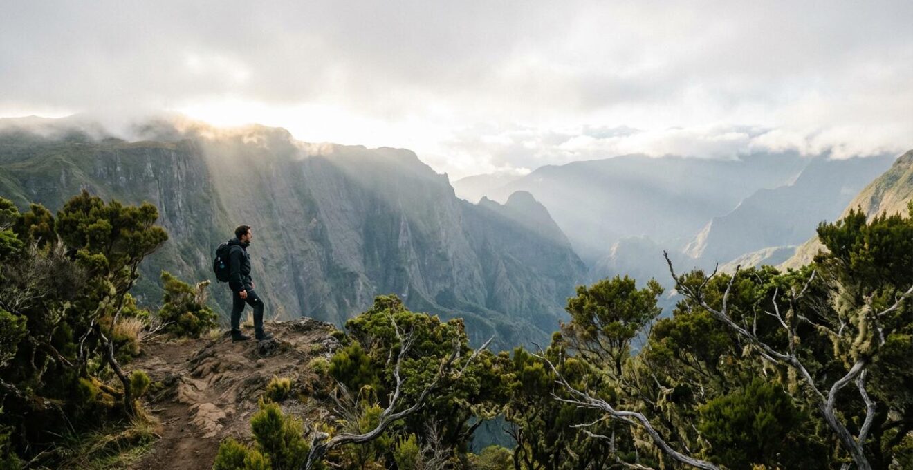 Randonneur contemplant un rempart majestueux de La Réunion dans la brume matinale