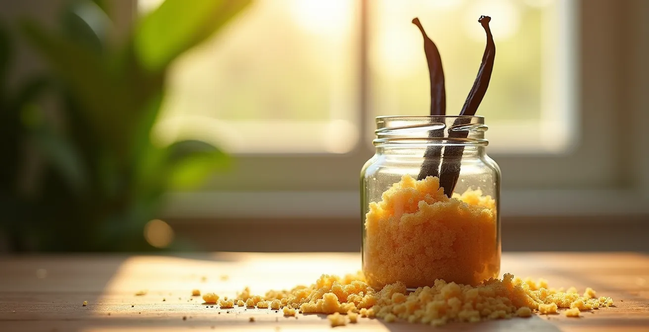 Gousses de vanille épuisées dans un bocal de sucre de canne roux avec des cristaux dorés