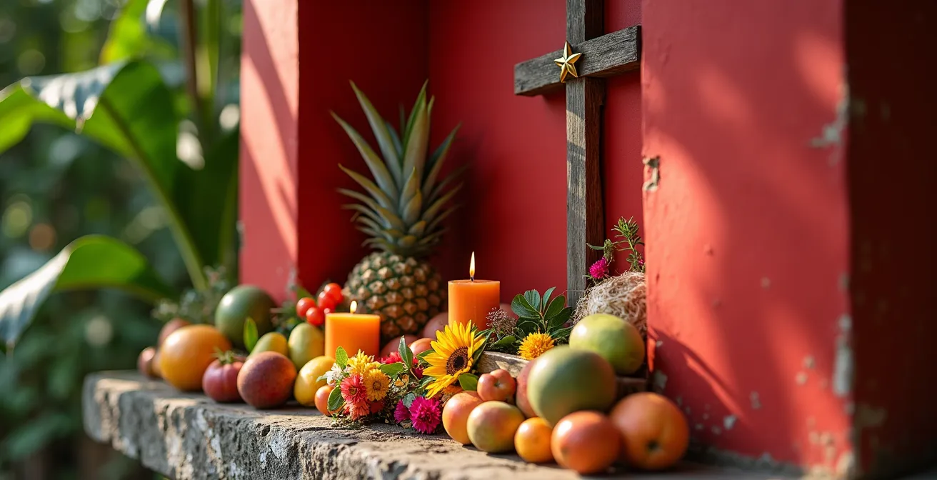 Petit autel coloré de Saint-Expédit au bord d'un chemin avec offrandes diverses témoignant du syncrétisme religieux