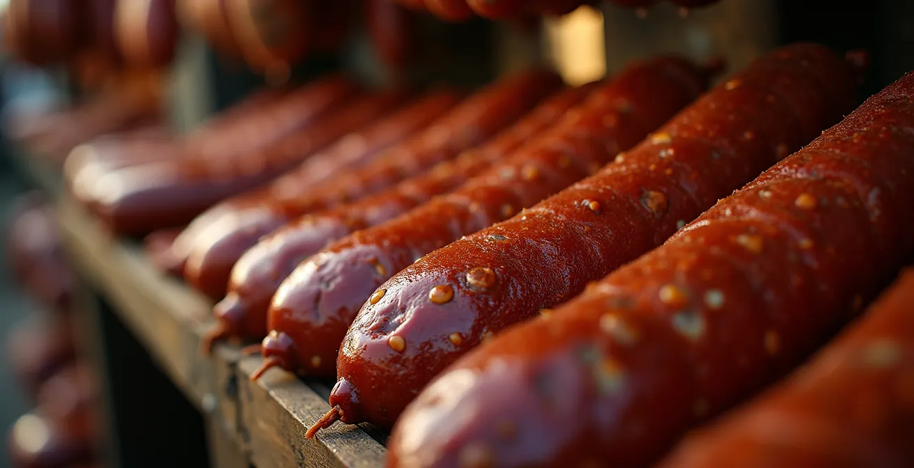 Saucisses fumées traditionnelles boucané suspendues chez un charcutier du marché