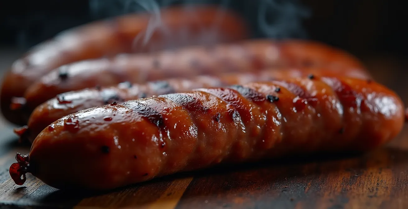 Saucisses fumées traditionnelles réunionnaises suspendues dans un boucan artisanal