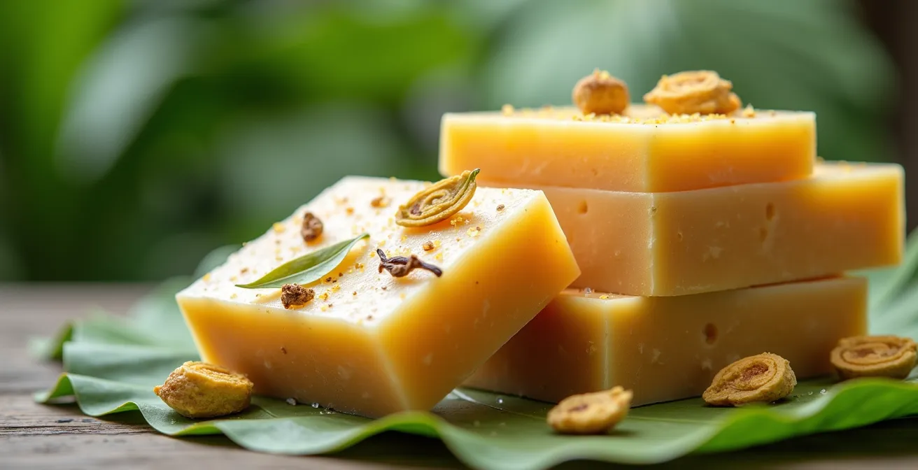 Savons artisanaux locaux avec ingrédients naturels de La Réunion disposés sur feuilles de bananier