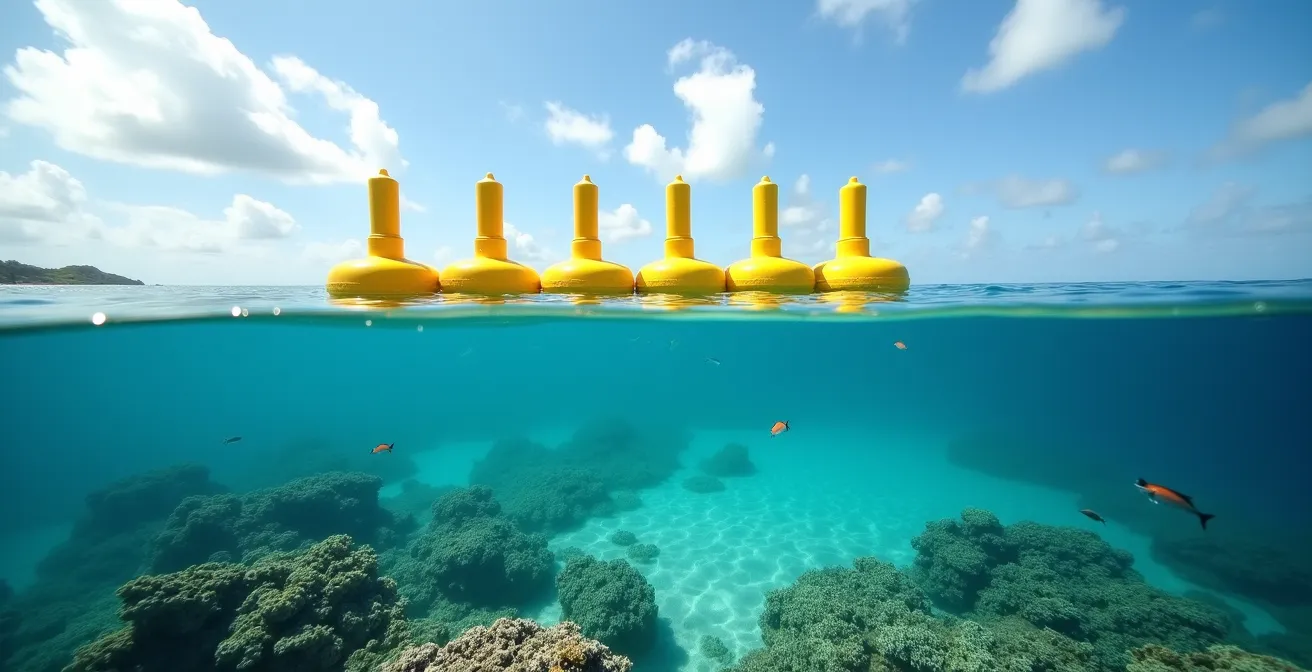 Schéma explicatif des trois niveaux de zones de protection dans le lagon de l'Ermitage avec les différents types de bouées