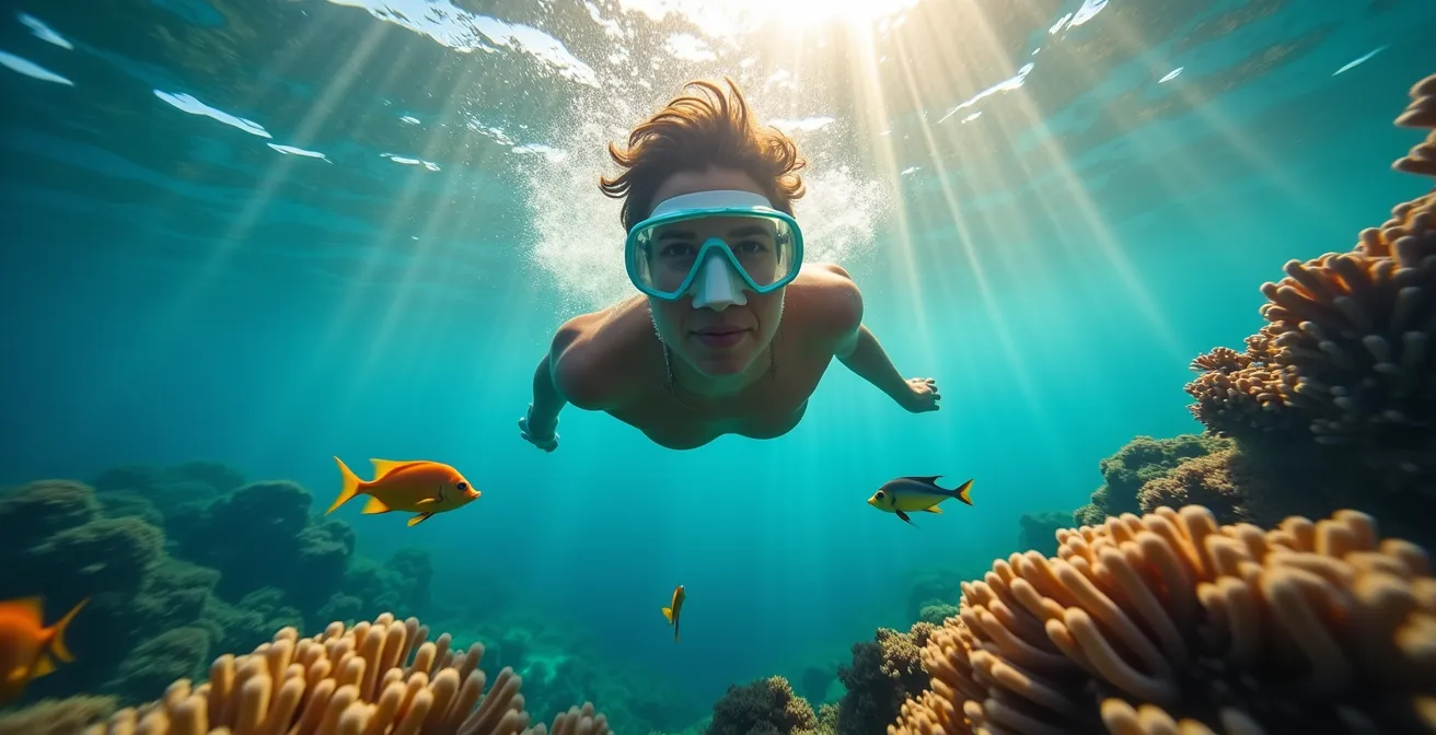 Plongeur en apnée observant des poissons tropicaux colorés au-dessus des coraux dans une eau cristalline