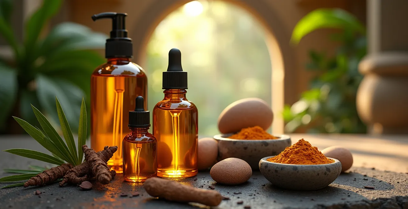 Espace spa avec produits de soins locaux à base de vétiver et géranium rosat dans un cadre tropical