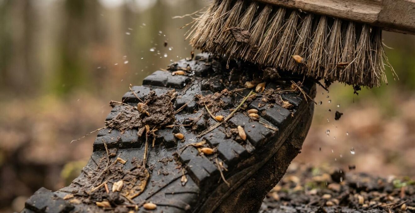 Station de décontamination des chaussures à l'entrée d'un sentier de randonnée à La Réunion