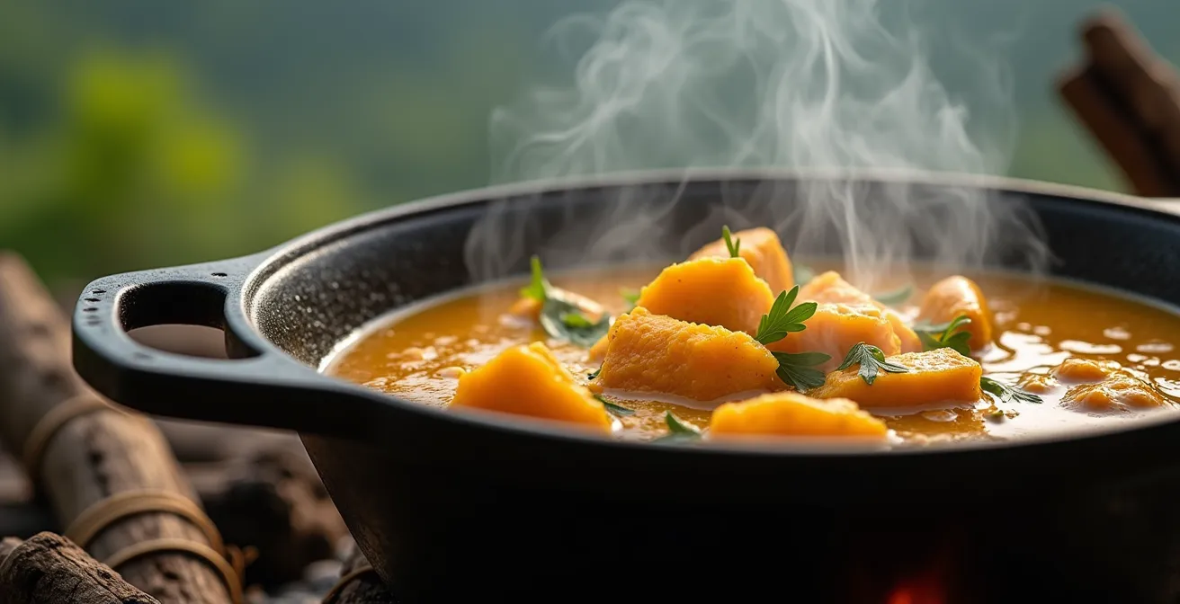 Cari traditionnel mijotant dans une marmite sur feu de bois avec vue sur les montagnes