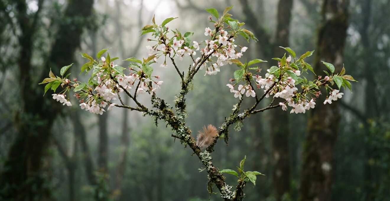 Floraison d'un Tamarin des Hauts dans la brume matinale de la Roche Écrite