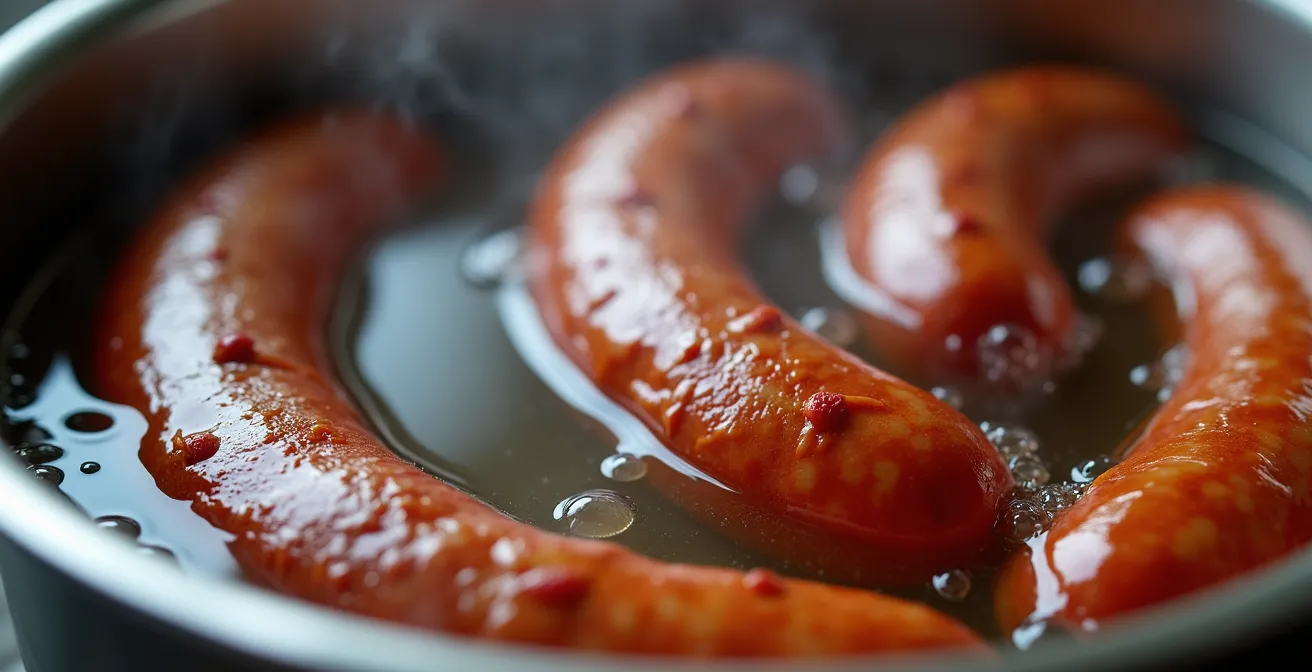Gros plan sur des saucisses fumées dans l'eau bouillante d'une marmite
