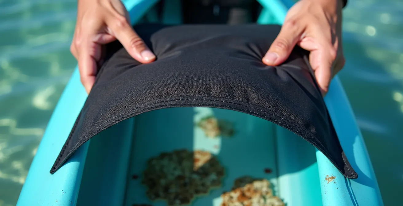 Gros plan d'un photographe utilisant un tissu sombre pour bloquer les reflets au-dessus du kayak transparent