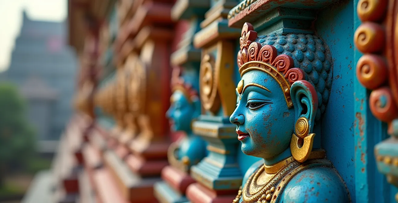 Gros plan sur les sculptures colorées et les textures d'un temple tamoul réunionnais