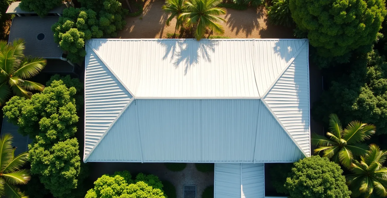 Vue aérienne d'une toiture en tôle peinte en blanc réfléchissant sur une case créole avec végétation tropicale environnante