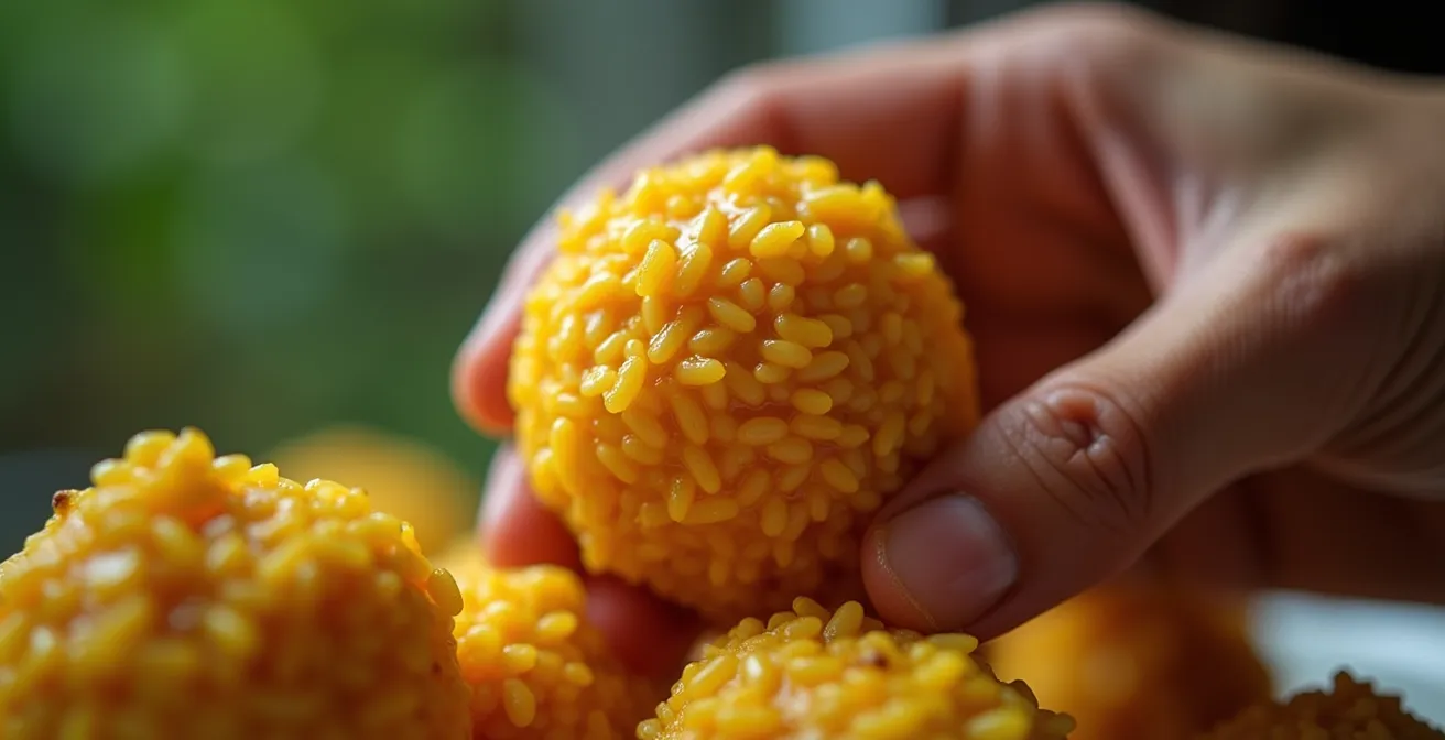 Vue macro sur une main tenant délicatement une boule de riz au curry doré
