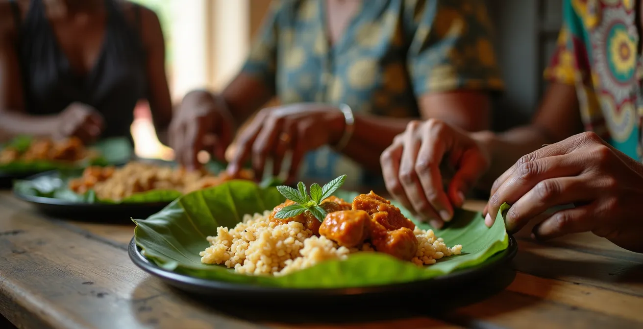 Scène de repas traditionnel réunionnais montrant le partage familial autour d'un cari