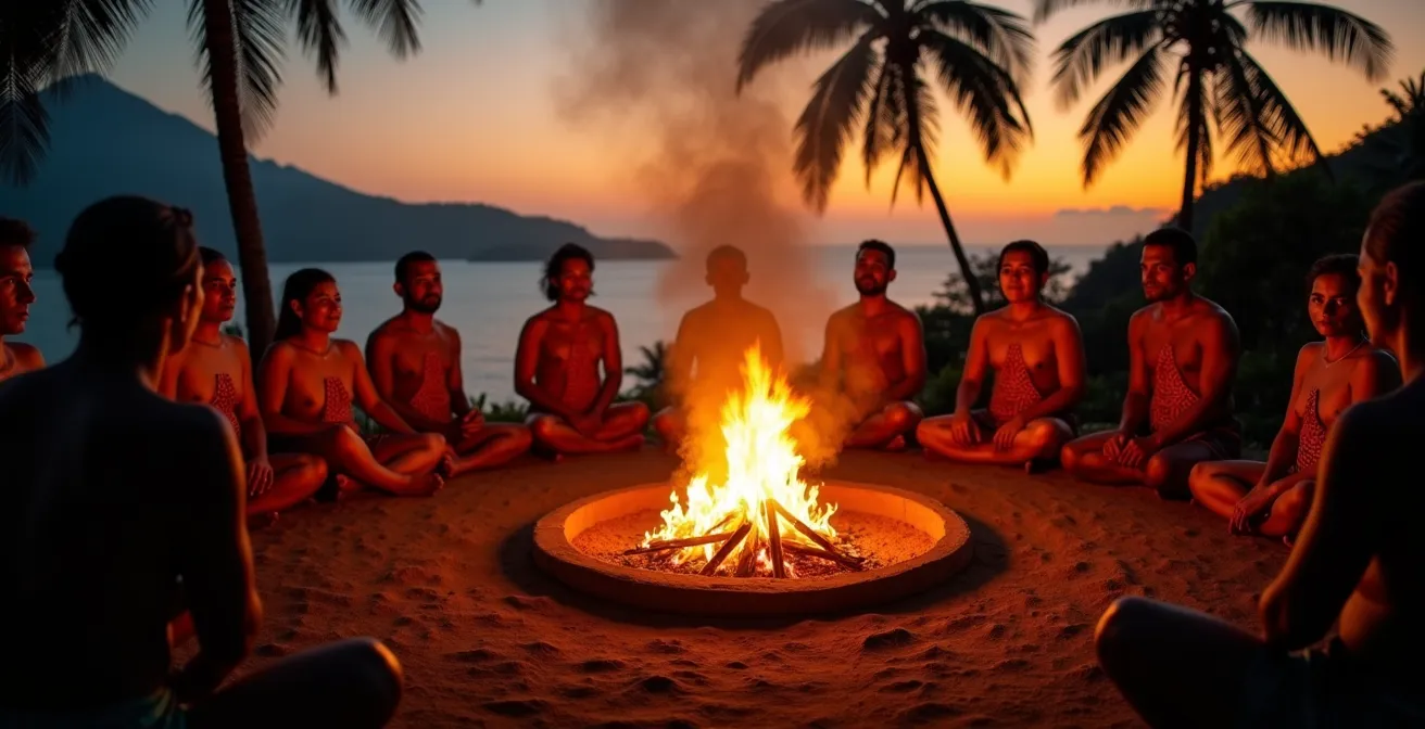 Cérémonie traditionnelle réunionnaise avec feu et couleurs vives dans un cadre tropical au coucher du soleil