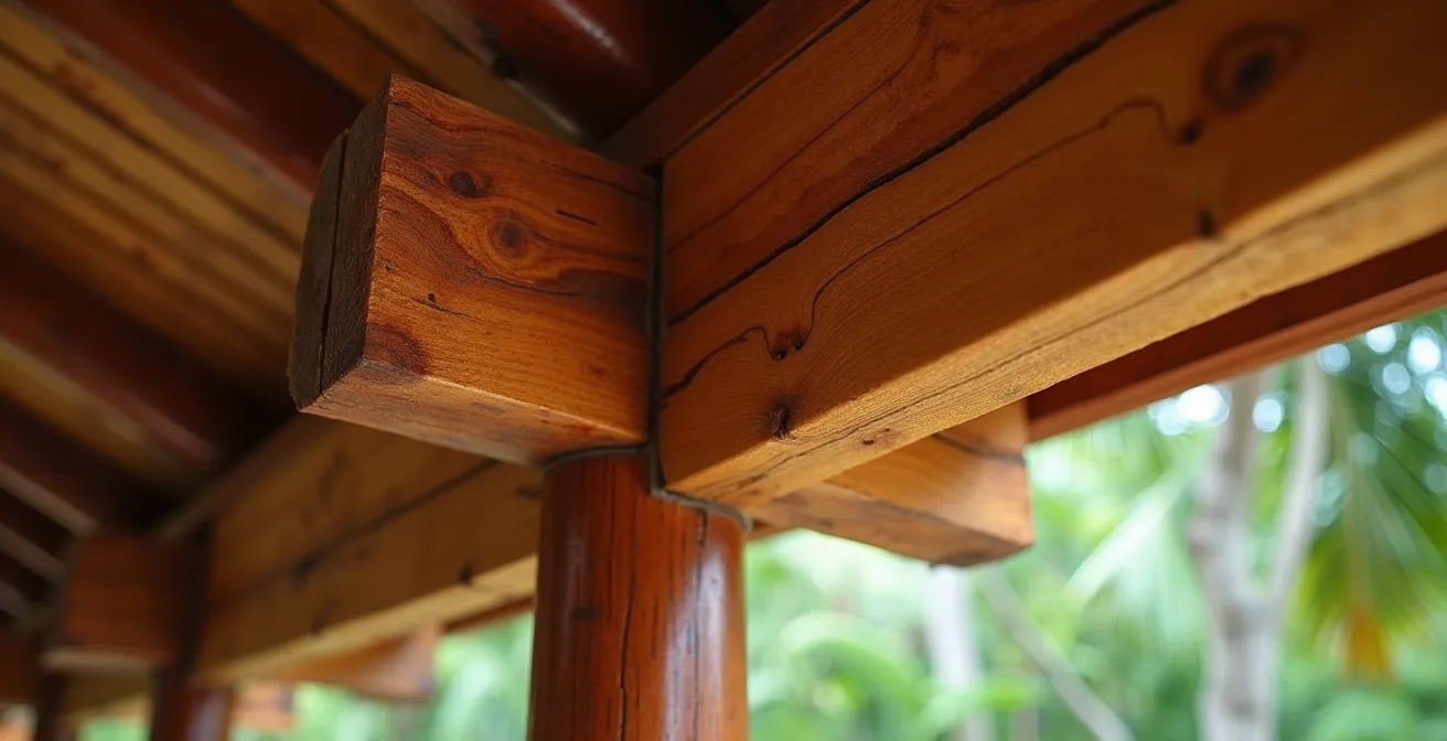 Gros plan sur une poutre de varangue en bois de tamarin traité montrant la texture du bois et les détails de construction