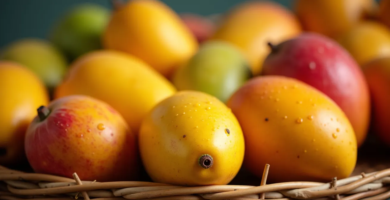 Différentes variétés de mangues réunionnaises disposées sur un étal de marché avec étiquettes variétales