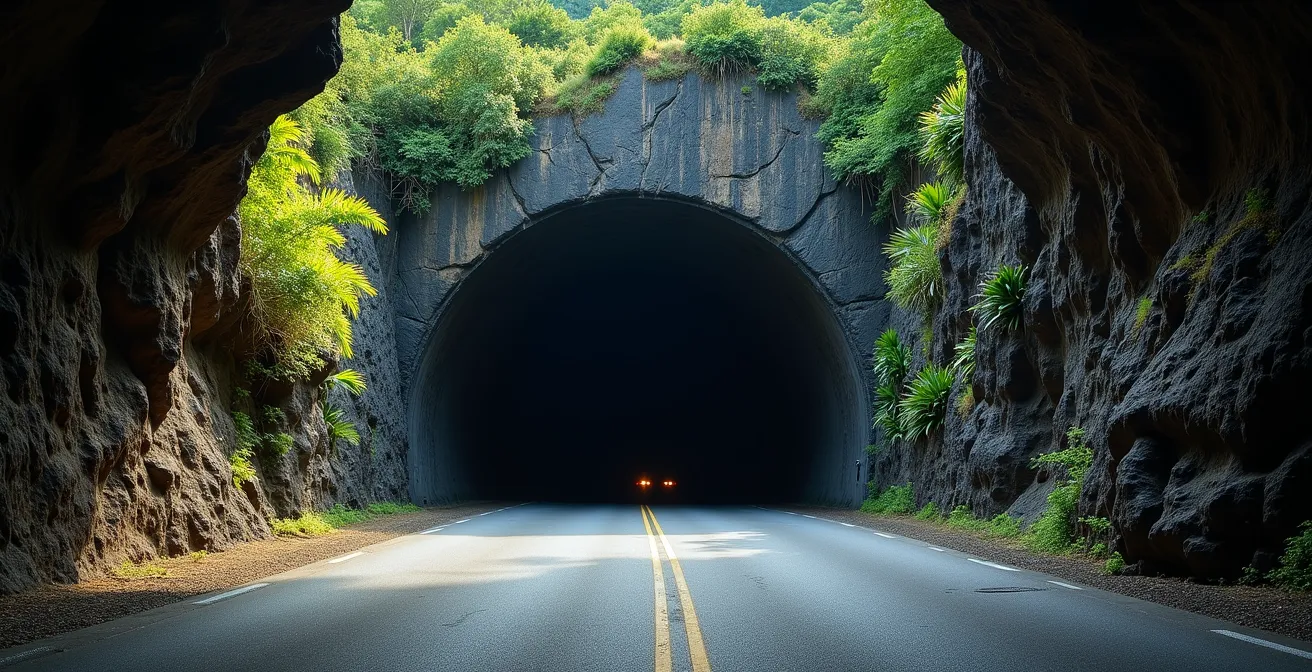 Entrée d'un tunnel étroit sur la route de Cilaos avec un virage serré juste avant