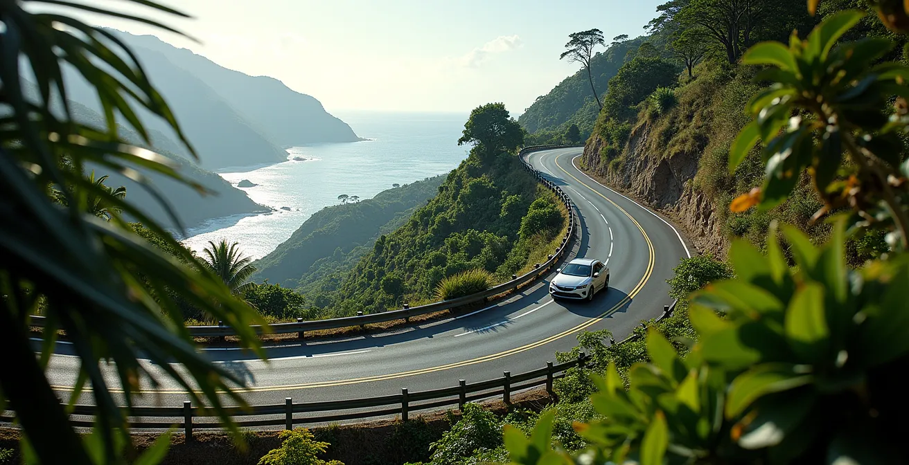 Route de montagne sinueuse avec virages en épingle surplombant l'océan Indien