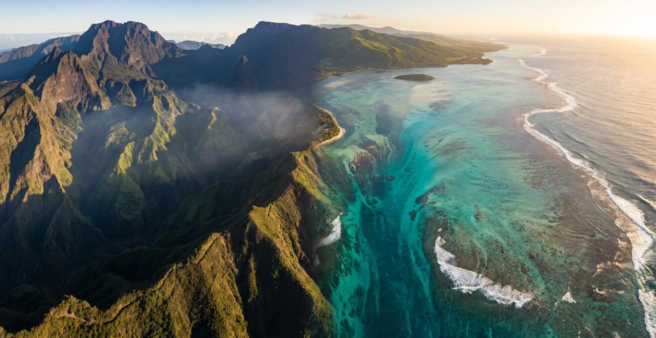 Comparaison visuelle entre les paysages volcaniques de La Réunion et les plages de sable blanc de l'île Maurice pour un séjour sportif