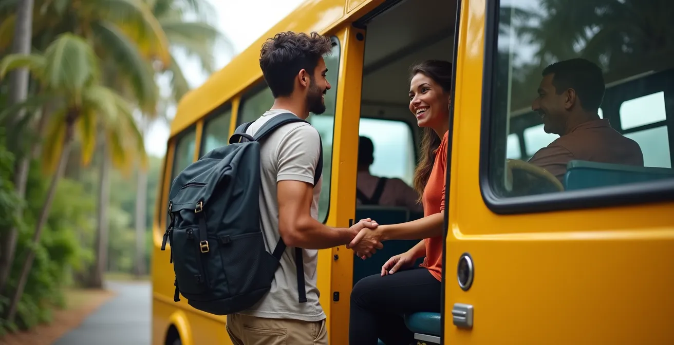Voyageur avec sac à dos montant dans un bus Car Jaune à La Réunion