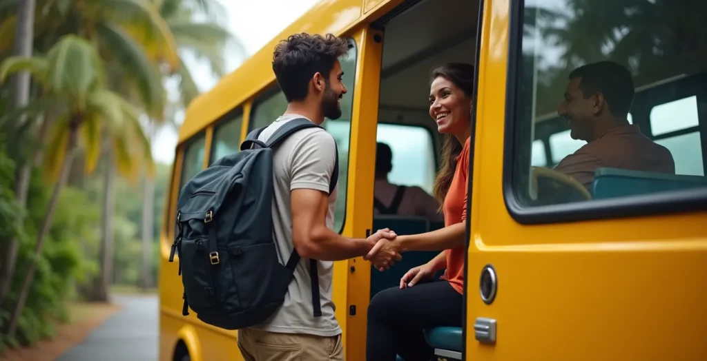Voyageur avec sac à dos montant dans un bus Car Jaune à La Réunion Voyageur avec sac à dos montant dans un bus Car Jaune à La Réunion